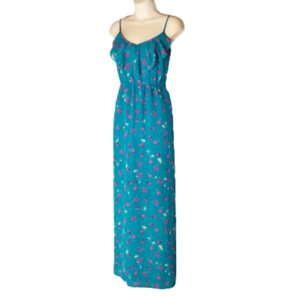 I Heart Ronson Dress Floral Spaghetti Strap Ruffle Bodice Green Size M